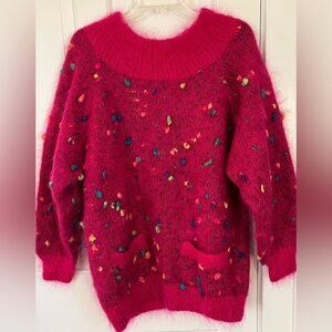 Vintage Atlandia Mohair Wool Hot Pink Pullover Handknit Sweater Size M/L